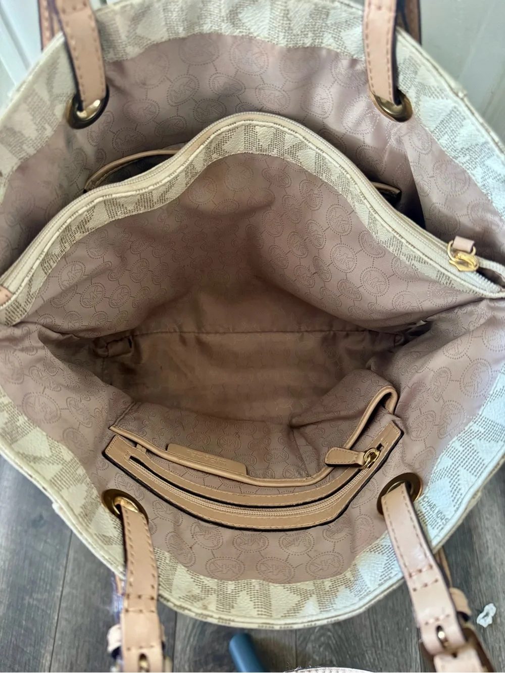 Michael Kors Beige MK Signature Tote with Pink-Tan Straps